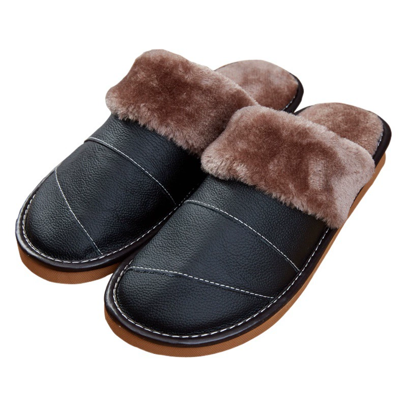 Мужские большие тапочки из воловьей кожи с док-слоем, осенне-зимние женские теплые уличные тапочки на флисовой подкладке оптом с городской фабрики