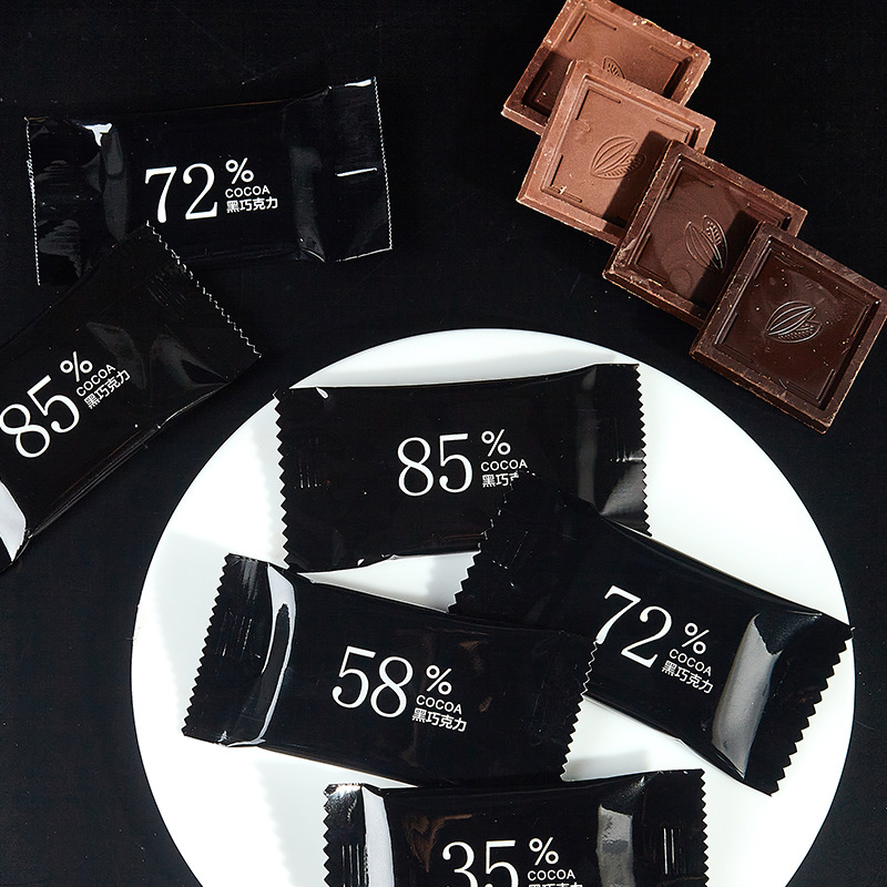 Black chocolate, low sugar, pure cocoa butter chocolate, silky texture, boxed, actual shot image
