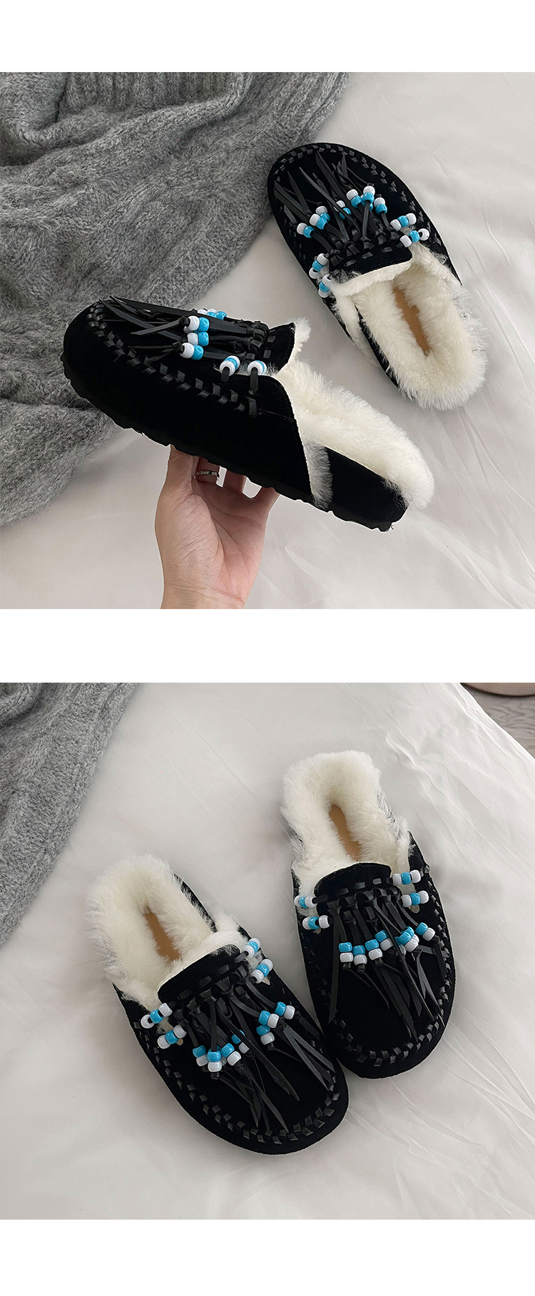 Guốc lười lông dày nữ mũi tròn kiểu Birkenstock có tua rua và hạt — màu nâu chi tiết 31