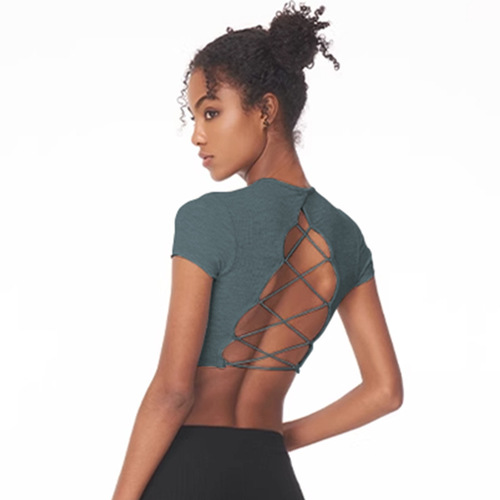 European and American bare-skin dance top, short-sleeved crop top, women's running yoga clothing, outdoor sports jacket with chest pad pockets