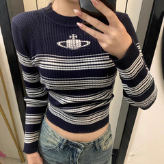 现货西太后vivi早秋新款时尚条纹拼色针织长袖美式潮牌圆领针织衫