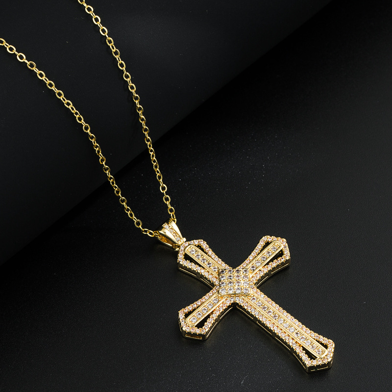Mode Kupfer Gold-überzogene Micro Intarsien Zirkon Anhänger Kreuz Halskette display picture 5
