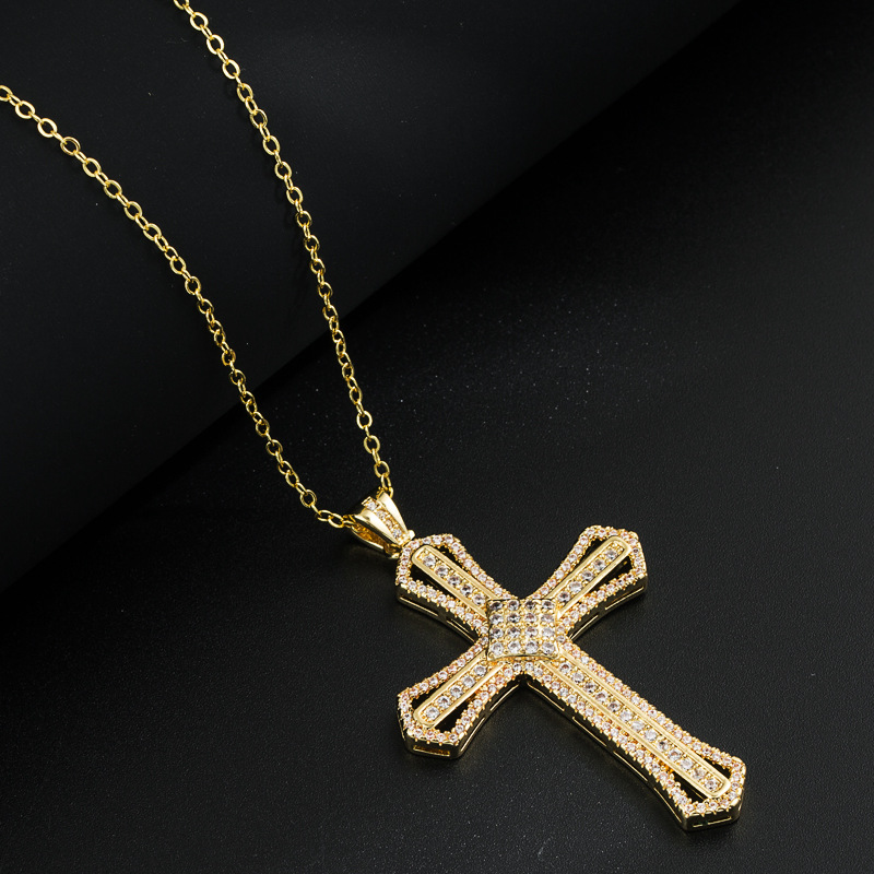 Fashion Copper Gold-Plated Micro Inlaid Zircon Pendant Cross Necklace