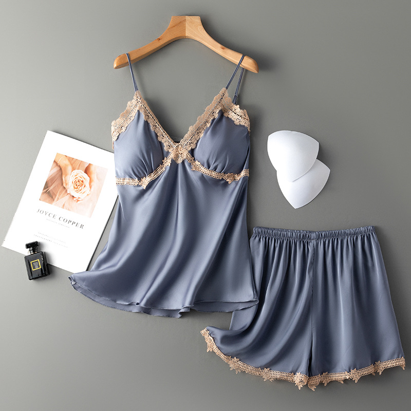 Strap Neckline Breathable Function Regular Fit Fit Type Color Block Pattern Women's Sexy Color Block Imitated Silk Polyester Lace Shorts Sets