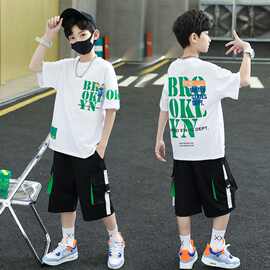 洋气男童套装夏2023新款中大童男童夏季男孩短袖薄款帅气两件套
