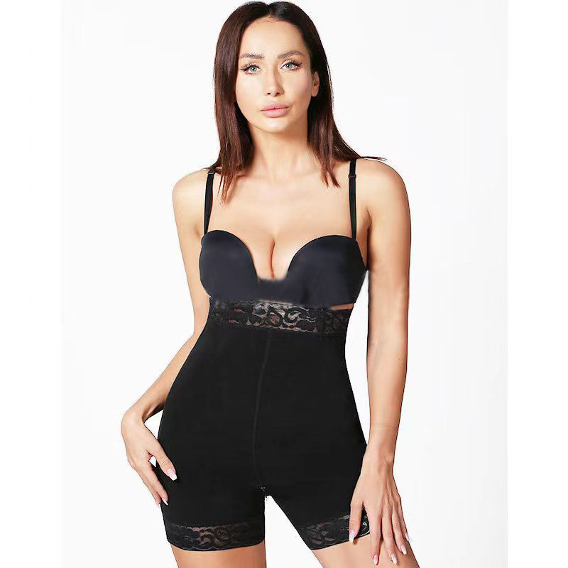 Cross-border European and American high waist belly pants lace anti-curling non-slip high-end bottom zipper body shaping hip lifting pants