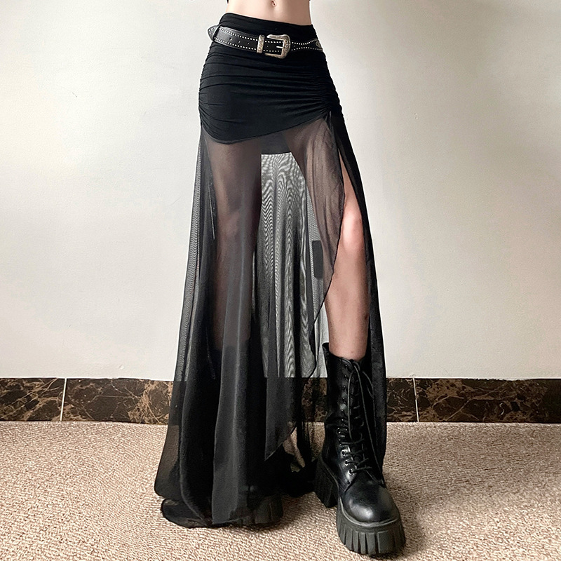 Cross-border European and American style 2024 summer new women's sexy fashion black mesh transparent slit skirt skirt
