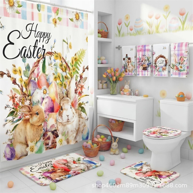 Holiday 8-piece shower curtain set, polyester waterproof shower curtain with hooks, non-slip bathroom mat, toilet cover, towel