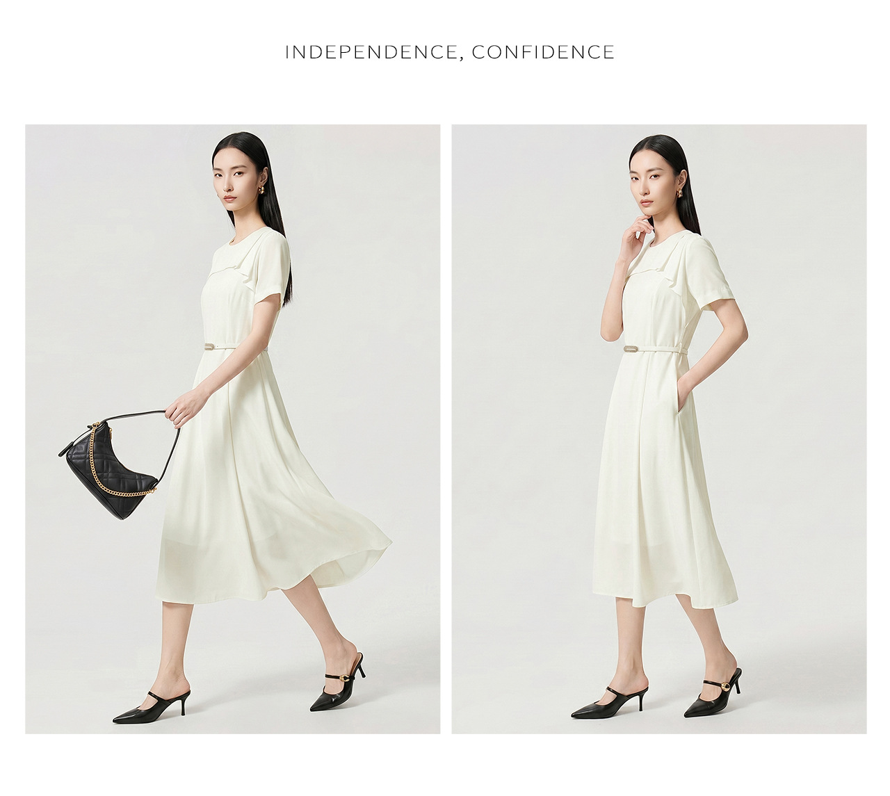 Đầm maxi nữ thắt eo chất liệu chiffon, cổ phiêu bèo nhún, tay ngắn — màu đen chi tiết 15