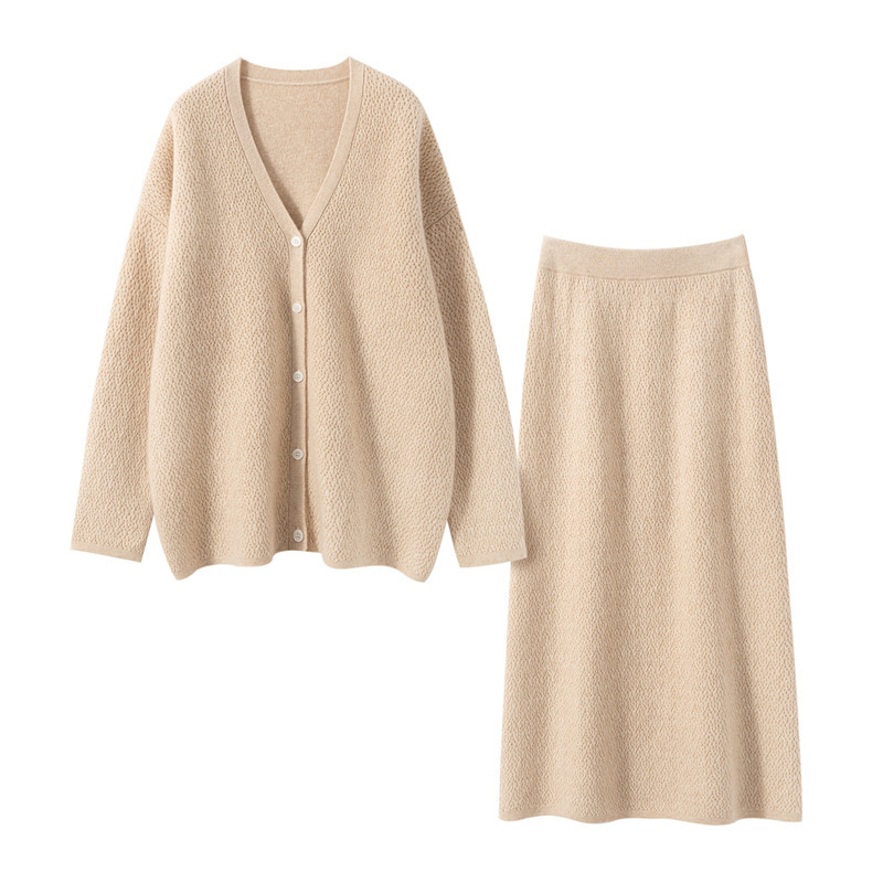 2025 New Autumn and Winter Cashmere Sweater Women's V Neck Knitted Cardigan Loose Slimming Look Sweater Two-Piece Top + Skirt