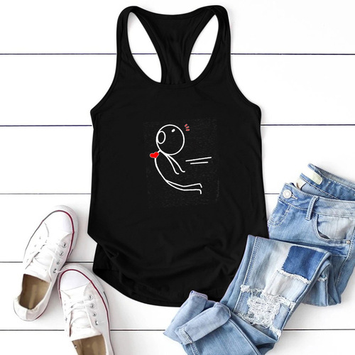 Valentine's Day women's summer cotton wide waist V-neck top with simple line drawing character heart loose sleeveless base top