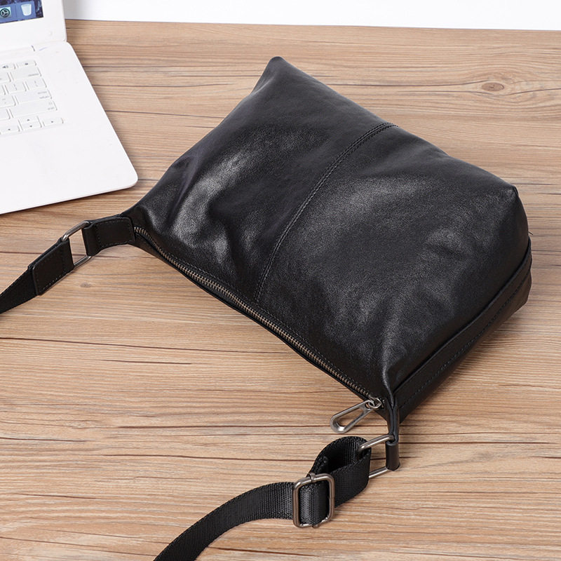 Túi đeo chéo nam da bò thật thuộc da thực vật, túi đeo vai nhẹ, túi du lịch mềm 29×11×17 cm — Màu đen