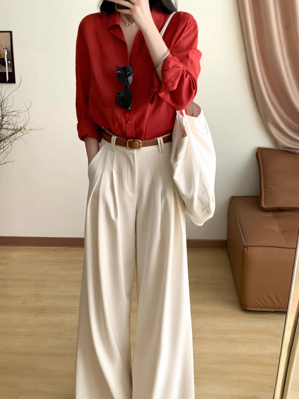 韩版显白红色亚麻通勤衬衫女2025秋季新款高级感慵懒翻领长袖衬衣|undefined