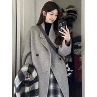 Демисезонное пальто из шерсти для подростков, длинное до середины голени, свободного кроя; серый, розовый, абрикосовый, хаки, черный