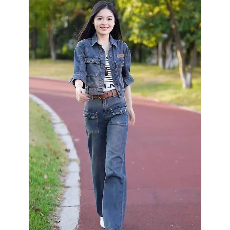 欧货高级感时尚牛仔套装女秋冬新款加绒加厚休闲减龄新款两件套装|undefined