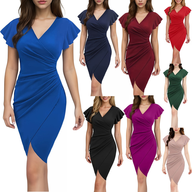 Foreign Trade 2025 Sexy V-neck Ruffled Sleeve Wrap Skirt Pleated Tight Cocktail Party Work Dress Women's in stock