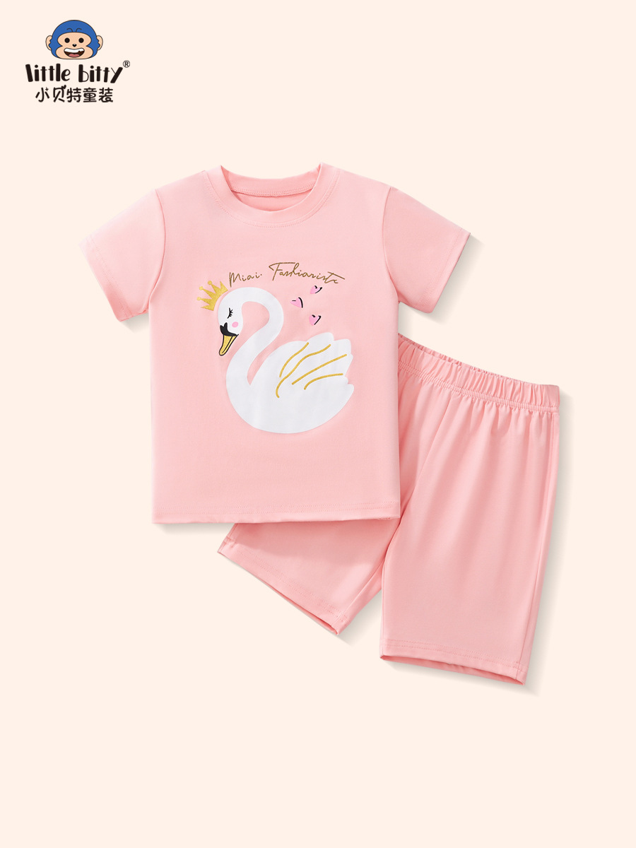 2025 Summer New Children's Cartoon Casual Fashion Short Sleeve Shorts suit Sweet Cute Swan Clothing