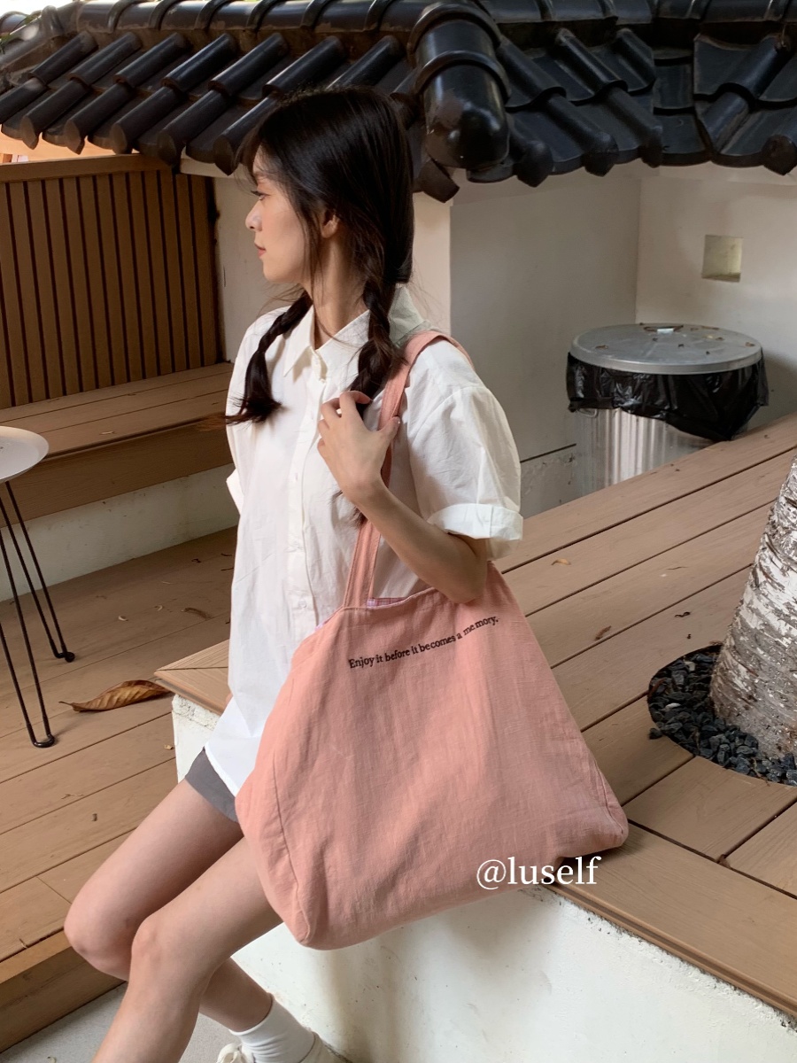 Luself自制亚麻大容量帆布包双面条纹帆布袋刺绣字母单肩托特包