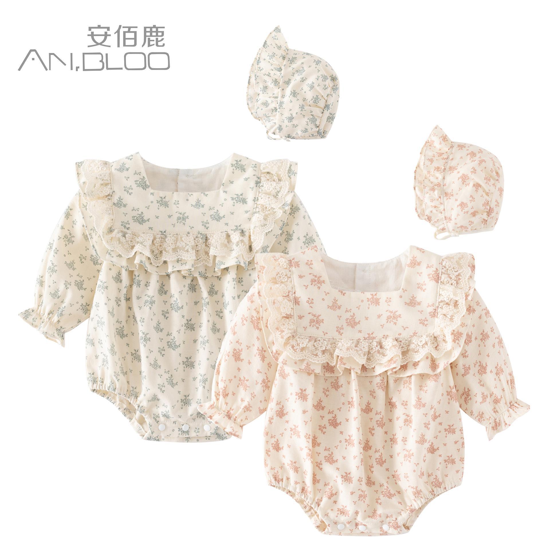 Primavera nuevo bebé mono niña fresca floral bolsa pedo mameluco recién nacido Luna llena sombrero mameluco