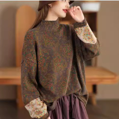 Autumn New Curl Long Sleeve Top Women's Cotton Half Turtleneck Sweater 7002