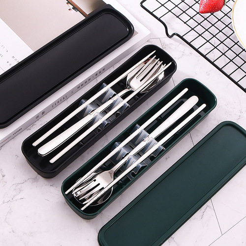 304 stainless steel portable tableware three-piece set chopsticks spoon fork set student tableware storage box gift