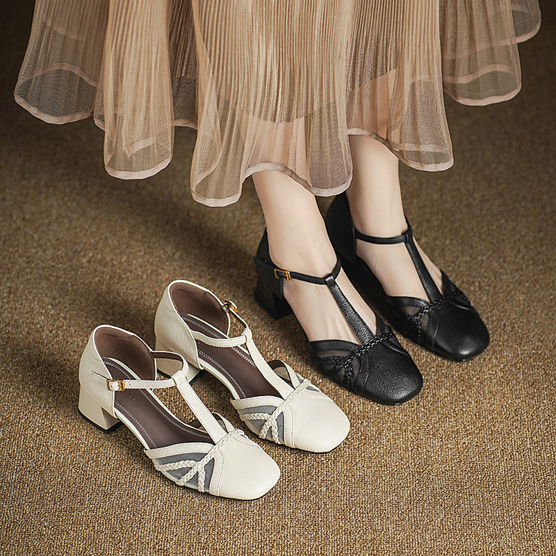 Giày sandal cao gót nữ hở mũi da cừu lưới gót vuông quai chữ T — đen