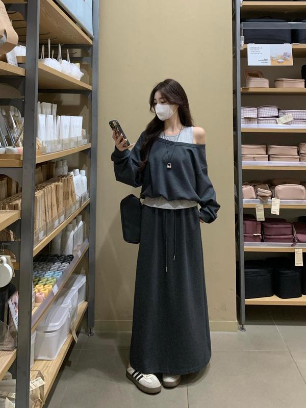 2025年大码韩版露肩撞色假两件卫衣+高腰半身裙气质显瘦女两件套|undefined