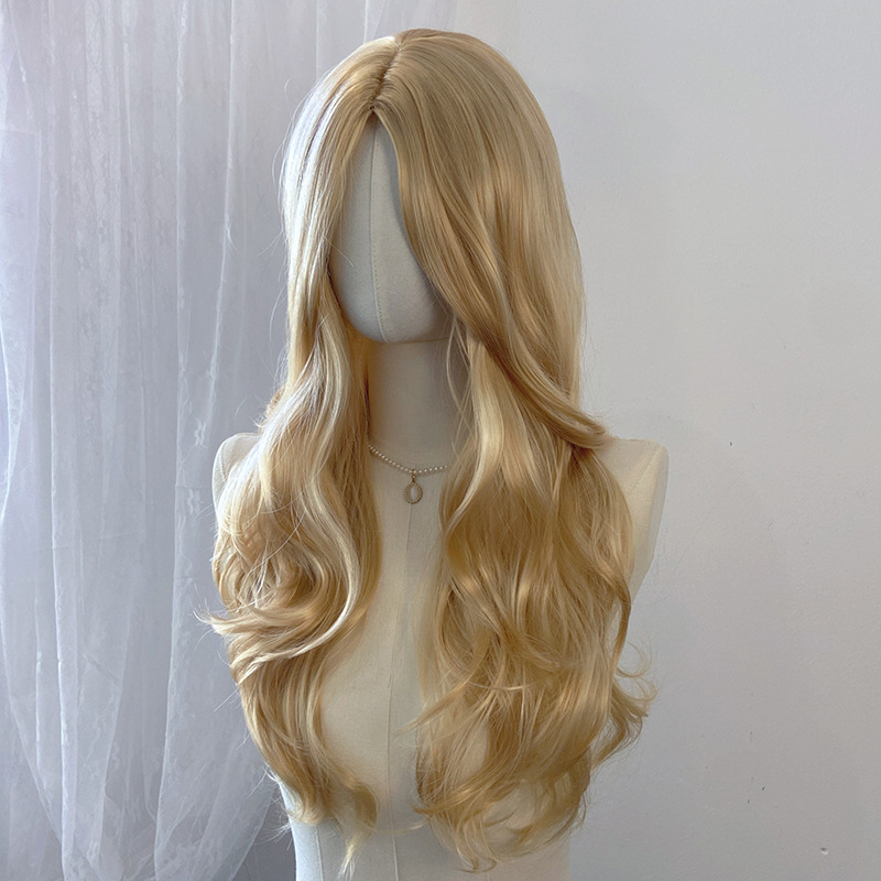 外国貿易スポットゴールドロングカーリーヘアウィッグ、クロスボーダー欧米女性用ミディアム分け目ビッグウェーブ化学繊維ヘッドギア、メーカー卸売|undefined