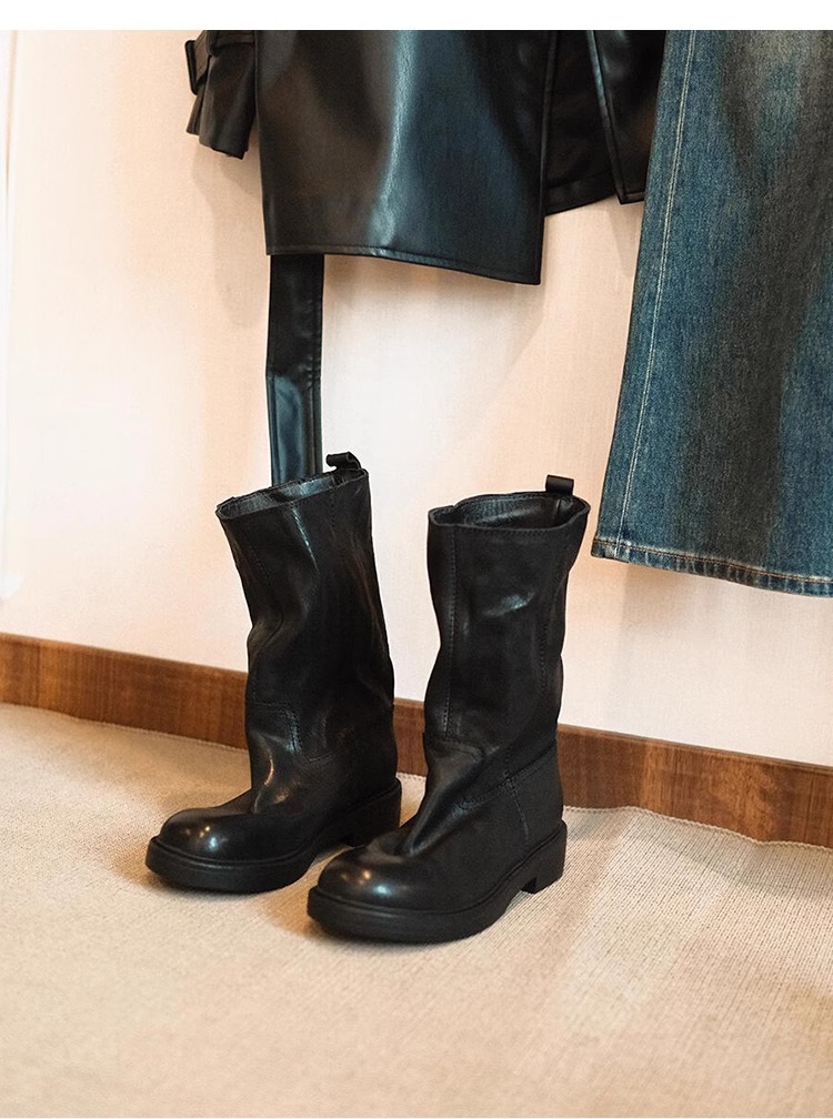 Oryginalne skórzane czarne buty damskie z okrągłym noskiem i marszczeniami do połowy łydki, brytyjskie, codzienne buty do jazdy konnej, krótkie buty, nowości na jesień/zimę 2025_voghion.com