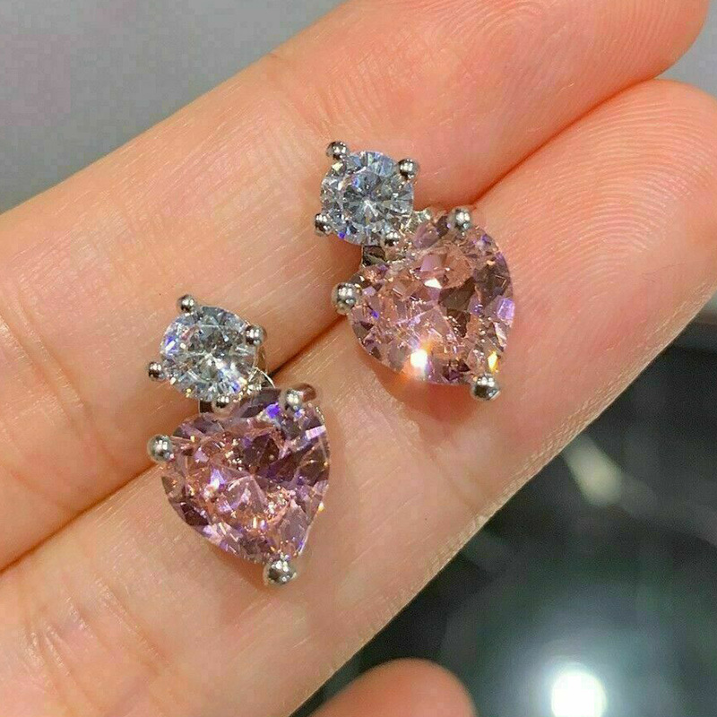 Popular Heart-shaped Pink Zircon Heart Copper Earrings Wholesale display picture 3