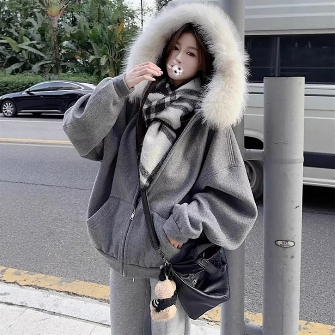 灰色毛领连帽卫衣外套女冬季韩系慵懒风宽松休闲加厚保暖拉链开衫