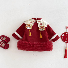 女童复古拜年服小左小右冬季儿童喜庆虎头流苏夹棉连衣裙宝宝裙子