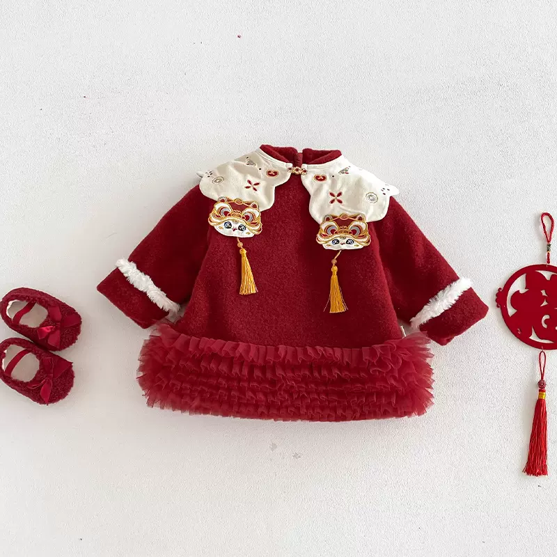 女童复古拜年服小左小右冬季儿童喜庆虎头流苏夹棉连衣裙宝宝裙子