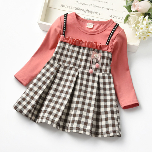 Factory Autumn Rivet Grid Long-Sleeve Children's Girl Dress Children's Two-Piece Lace Princess Dress