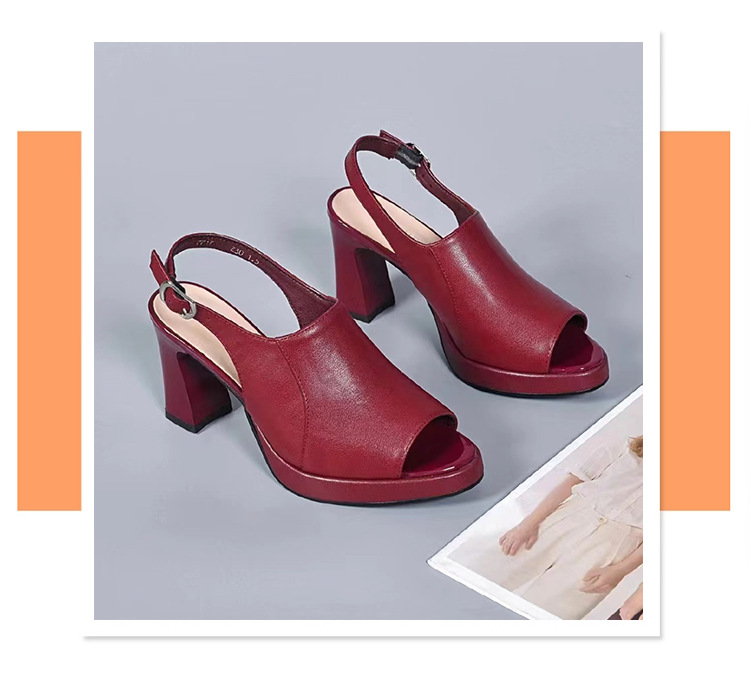 Giày cao gót nữ mũi hở peep-toe đế xuồng platform da bò gót thô 5 cm — Màu Đỏ rượu vang-5 cm chi tiết 2