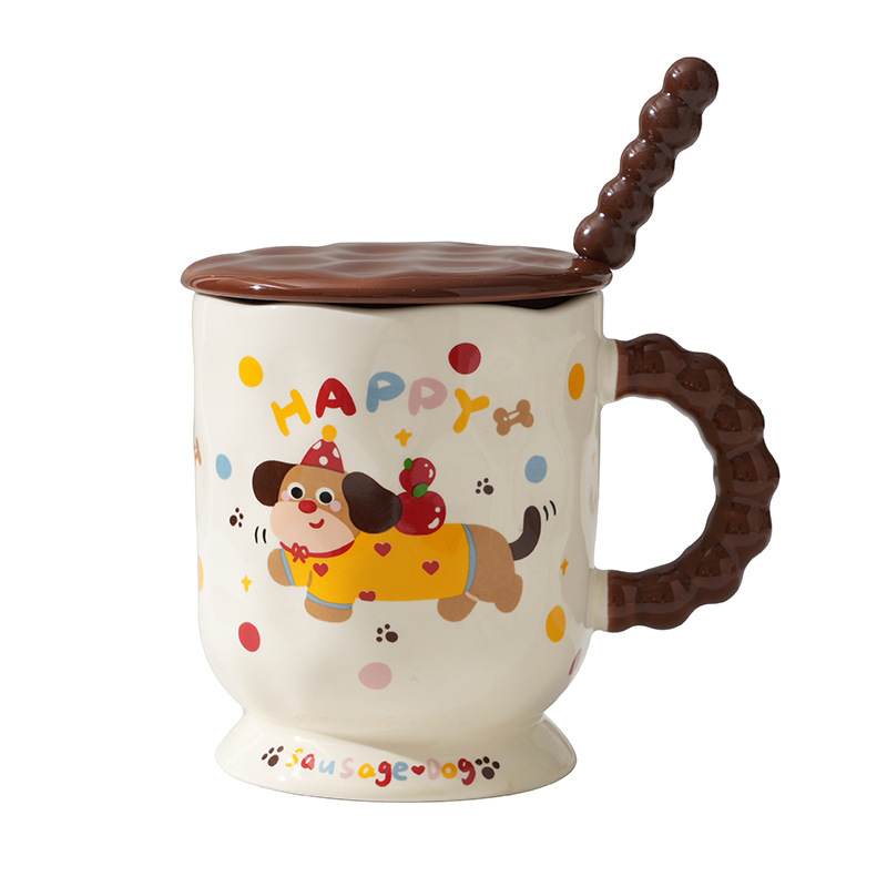 かわいいダックスフントセラミックカップ家庭用飲料マグ蓋スプーンオフィスセラミックミルクカップギフトウォーターカップ|undefined