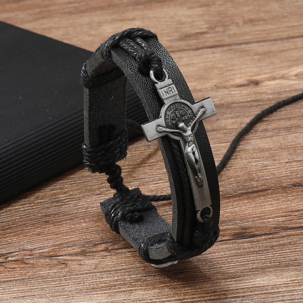 15g Weight Bangle Classification Retro Cross Pu Leather Alloy Knitting Men's Bangle Men Cord & Leather Bracelets