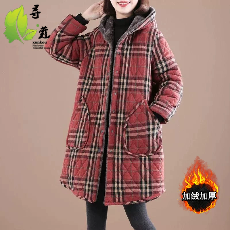 Осенняя и зимняя новая ретро хлопчатобумажная и льняная сетка средней и длинной с капюшоном хлопчатобумажная женская бархатная толстая теплая куртка большого размера