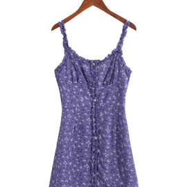 2024春wish亚马逊eBay女装紫色小碎花短款吊带连衣裙  24010
