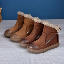 头层牛皮复古短靴女款休闲高帮鞋女2024秋冬新款百搭短筒马丁靴子