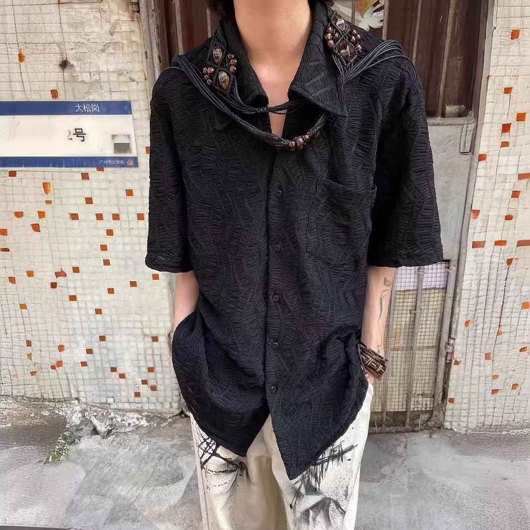 Cuban Collar Pleated Iron-free Black Short-sleeved Shirt Men's Niche Design Jacquard Embroider Loose Casual Cardigan Jacket