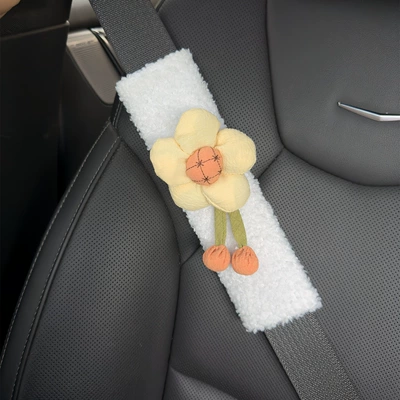 Car Seatbelt Shoulder Pad with Lamb Wool Sunflower Decoration (Seat belt shoulder pad) - off-white-sunflower-25cm