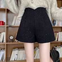 黑色闪闪亮片毛呢小香风短裤女秋冬新款高腰a字靴裤辣妹阔腿裤女
