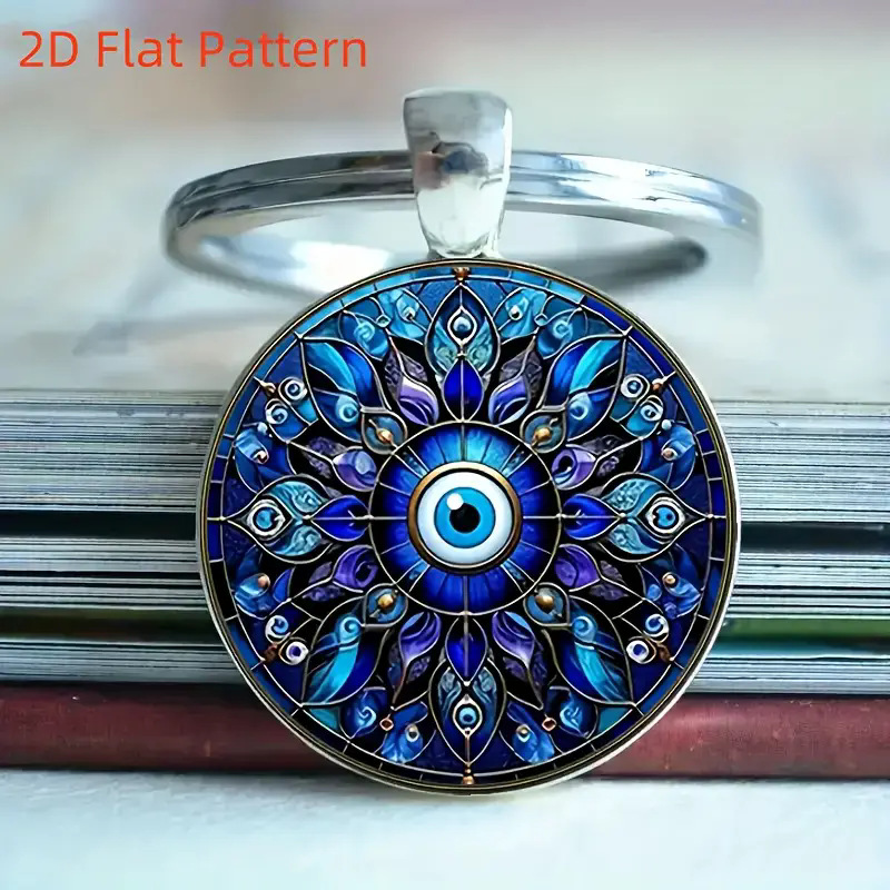 精美盛开的蓝色万花筒图案时光宝石吊坠钥匙扣饰品，厂家直销