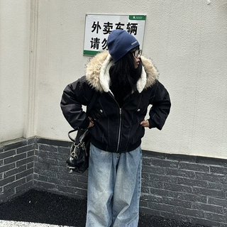 棉衣女短款美式复古派克服内里加绒毛大毛领连帽棉袄冬座山雕棉服