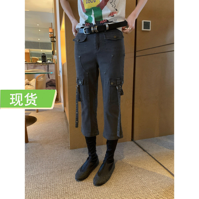Mona Zhang Qixian Heavyweight Stretch Faux Denim Mid-Waist Multi-Pocket Retro Y2K Functional Workwear Cropped Pants for Women