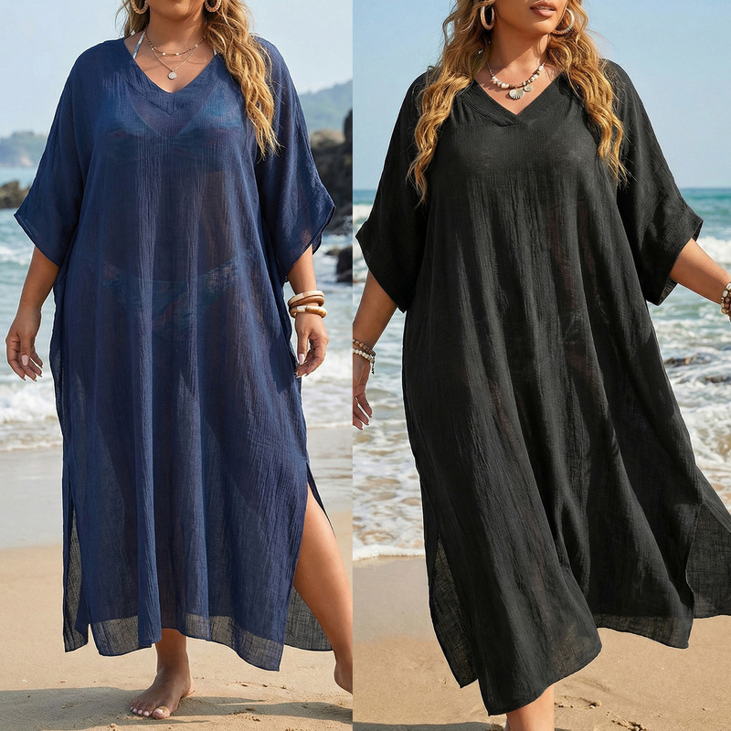 Beach Cover-Up European and American Plus-Size Women's Summer V-Neck Loose Casual Dress with Slit and Floor-Length Beach Dress Beach Cover-Up European and American Plus-Size Women's Summer V-Neck Loose Casual Dress with Slit and Floor-Length Beach Dress