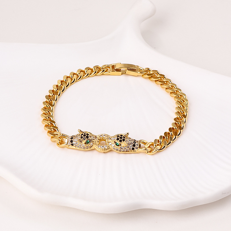 New personalized hip-hop double-headed full diamond leopard bracelet high color retention European and American style niche creative Cuban bracelet_voghion.com