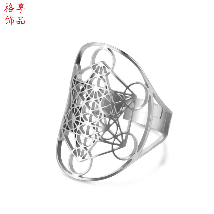 Europeo y americano popular joyería retro pulsera de acero inoxidable hueco de seis lados Awn estrella círculo oval anillo abierto