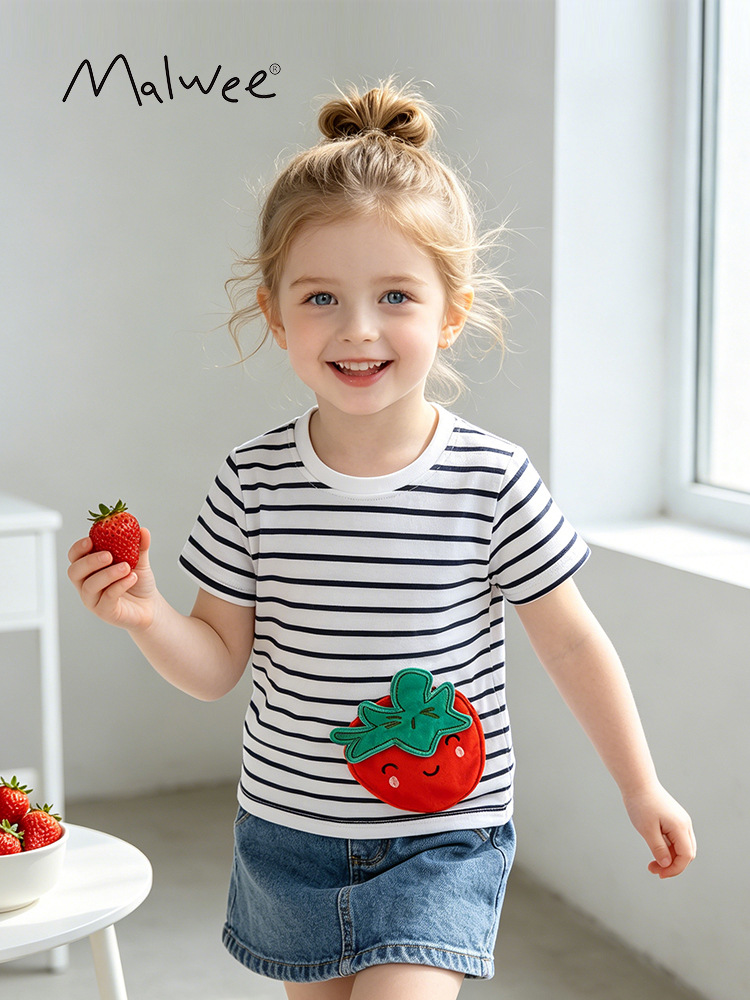 Malwee transfronterizo nueva camiseta de ropa infantil para niños verano, Europa y Estados Unidos, rayas de cuello redondo, mangas cortas para niños de 3 - 8 años